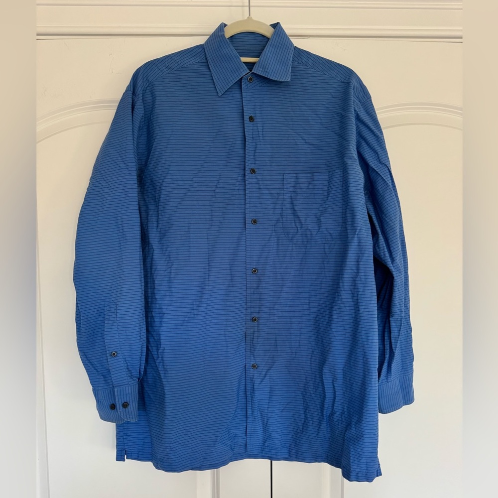 Hugo Boss Blue Striped Collared Button Down Dress Shirt Pinstripe 100% Cotton